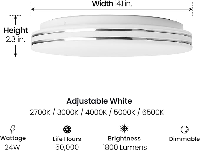Feit Electric 14" Adjustable White LED Ceiling Fixture, Dimmable Flush Mount Light, Selectable Color Temperature, Chrome Dual-Ring Finish, Versatile Lighting, 50,000-Hour Lifespan, FM14/DR1/6WY/NK