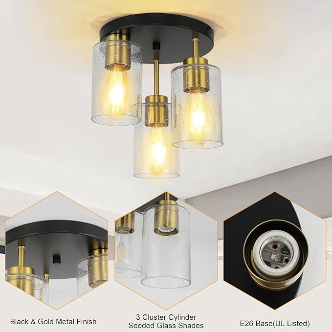 Black Flush Mount Ceiling Light Farmhouse Semi Flush Mount Ceiling Light Fixture with Seeded Glass Shades, 3-Light Black Gold Ceiling Light for Kitchen Hallway Foyer