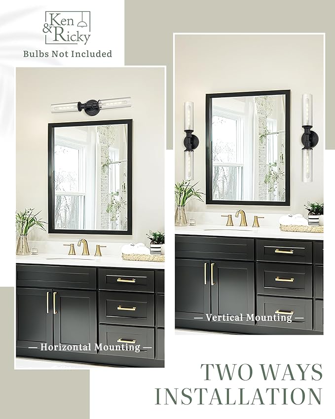 Ken & Ricky 24" Bathroom Light Fixtures, Black Wall Sconce with Clear Glass Shade, Bathroom Vanity Lights Over Mirror for Living Room Bedroom Kitchen Hallway, KR3376-W-BK-1PK