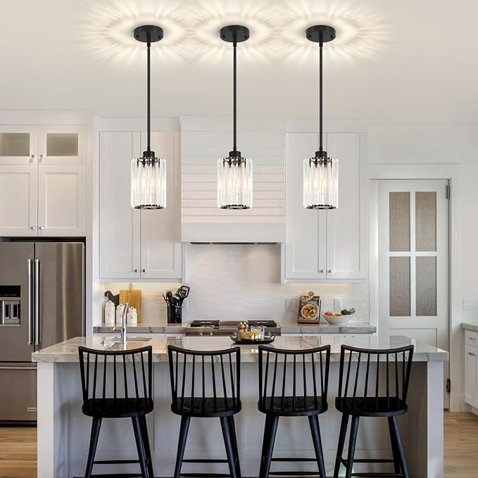 3 Pack Black Pendant Lights Kitchen Island, Modern Crystal Kitchen Pendant Lighting Over Island, Adjustable Hanging Bathroom Light Fixtures Mini Pendant Light for Dining Room Hallway Entryway Foyer