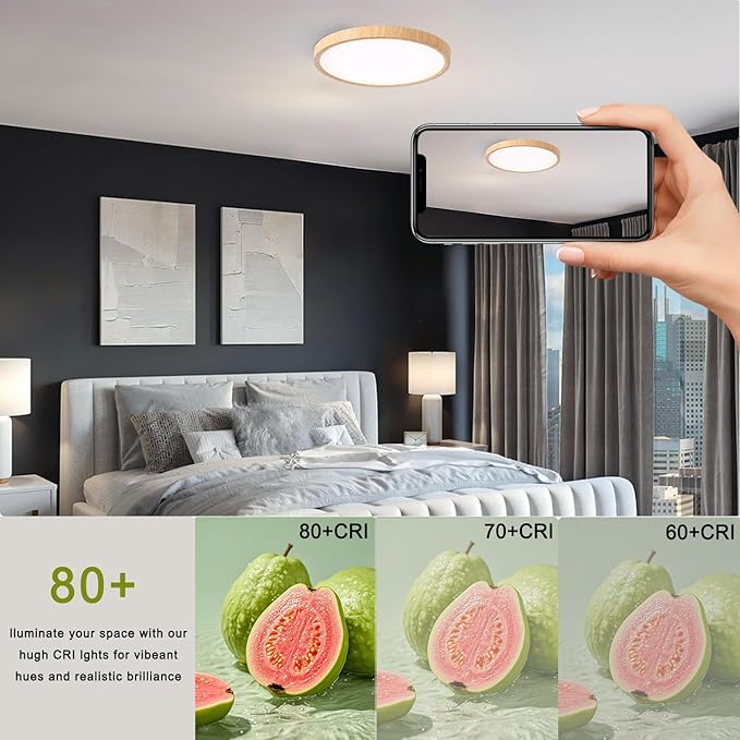 COTULIN 12 Inch Wood Grain Flush Mount Ceiling Light Fixture, Modern 22W Round Flat Overhead 3000K-4000K-6000K Selectable LED Ceiling lamp for Bedroom, Living Room, Kitchen, Entryway, Office