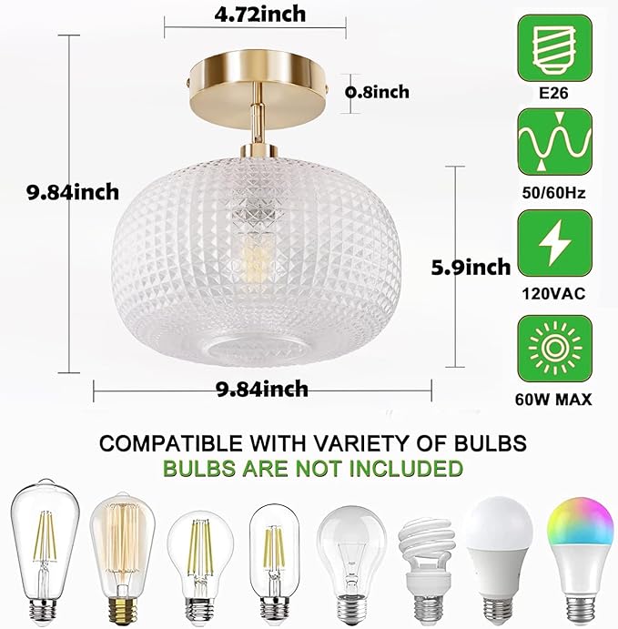 Semi Flush Mount Ceiling Light,Hallway Light Fixtures,Vintage Light Fixtures,Kitchen Lighting Fixtures Ceiling,Globe Glass Light Fixture,Closet Light Fixture,Hanging Light Fixture for Bedroom Porch