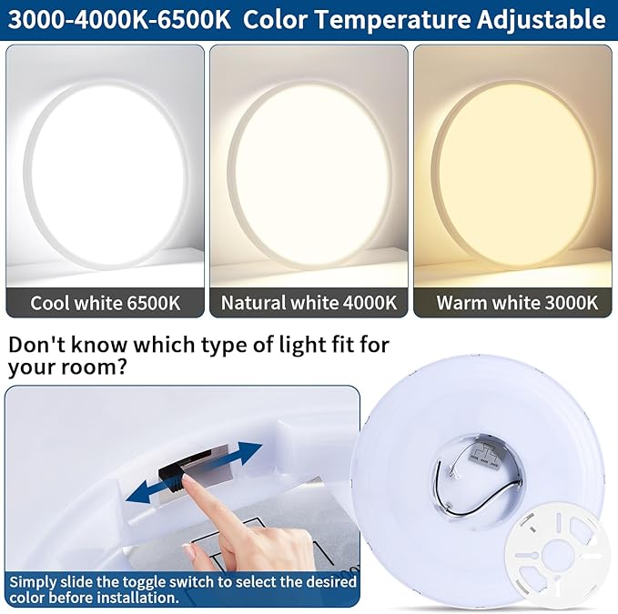 12 inch Flush Mount Led Ceiling Light Fixture, 24W 2400LM, Dimmable 3000K 4000K 6500K Adjustable, Modern White Lighting Fixtures for Bedroom, Kitchen, Home Office, Hallway, Wired