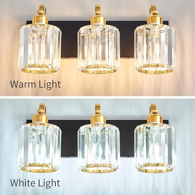 Modern Crystal Bathroom Vanity Lights, Black and Gold 3-Lights Bathroom Light Fixtures Over Mirror, Crystal Wall Lighting for Mirror Bedroom Living Room (Exclude Bulb)