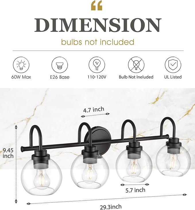 Bathroom Light Fixtures, 4-Light Matte Black Vanity Lights with Globe Clear Glass, 30 Inch Modern Vanity Lighting Fixtures Over Mirror, AD-22280-4W-BK