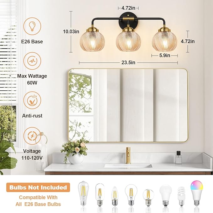 MOKATNG Bathroom Light Fixtures, 3-Light Amber Vanity Lights with Unique Leaf Texture Glass Shade, Modern Matte Black and Gold Bathroom Wall Lamp for Mirror Hallway Cabinet Living Room