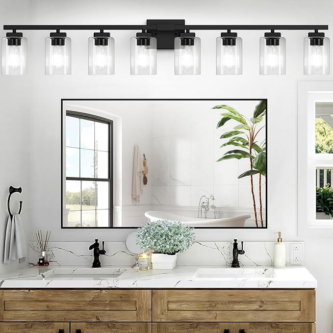 BesLowe 51" 8-Light Bathroom Light Fixture, Modern Black Vanity Light, Bathroom Lighting Fixtures Over Mirror, Matte Black Bathroom Wall Lamp, Wall Lights for Living Room Bedroom Hallway