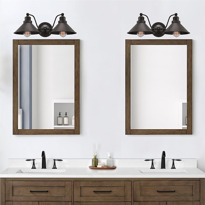Kira Home Welton 19" 2-Light Modern Farmhouse Vanity Light with Dual Funnel Shades, Industrial Dark Bronze Wall Sconce Bathroom Light, Brushed Dark Bronze Finish