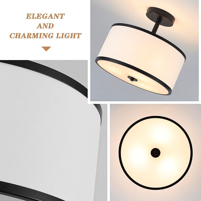 BUXVRCS Semi Flush Mount Ceiling Light Fixture, 3-Light Drum Lighting Fixtures, Hallway Light Fixture Ceiling Mount with Fabric Shade, Close to Ceiling Light for Bedroom Bathroom (Black)