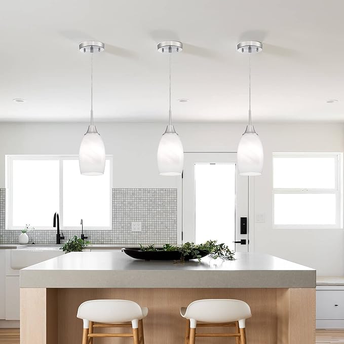 Viinew Mini Glass Pendant Light 1-Light with Handblown White Swirl Art Glass Adjustable Cord Brushed Nickel Finish 4.72" Modern Hanging Pendant Light for Kitchen Dining Room Living