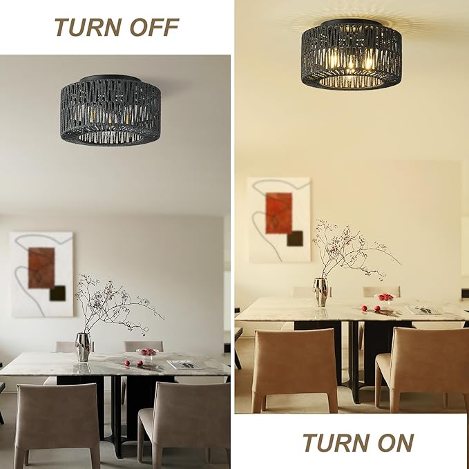 12.6”Rattan Flush Mount Ceiling Light Fixtures, 3-Light Boho Light Fixture Rattan Hand-Woven Chandelier Close to Ceiling Light Fixture for Bedroom Hallway Kitchen Dining Room Nursery(Black)