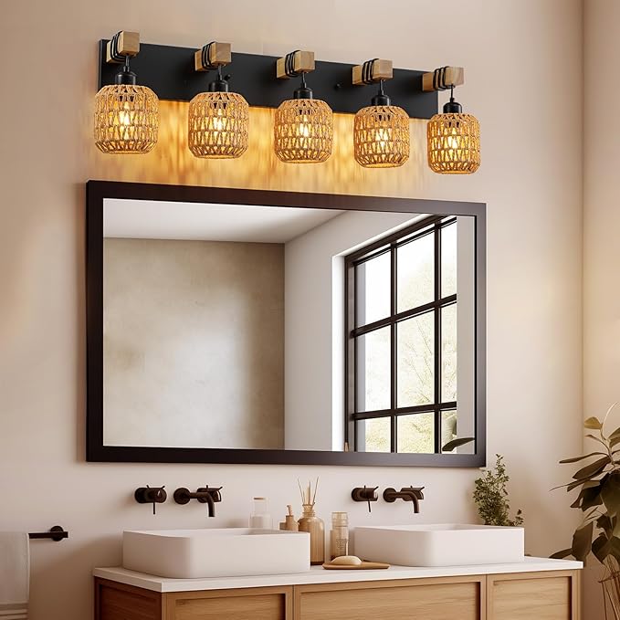LmnLvn 36" Boho Bathroom Light Fixture, 5-Light Farmhouse Vanity Light, Rattan Bathroom Light Fixture Over Mirror Rustic Vanity Lighting with Handwoven Shades, Suit for Restroom, Bedroom, Hallway