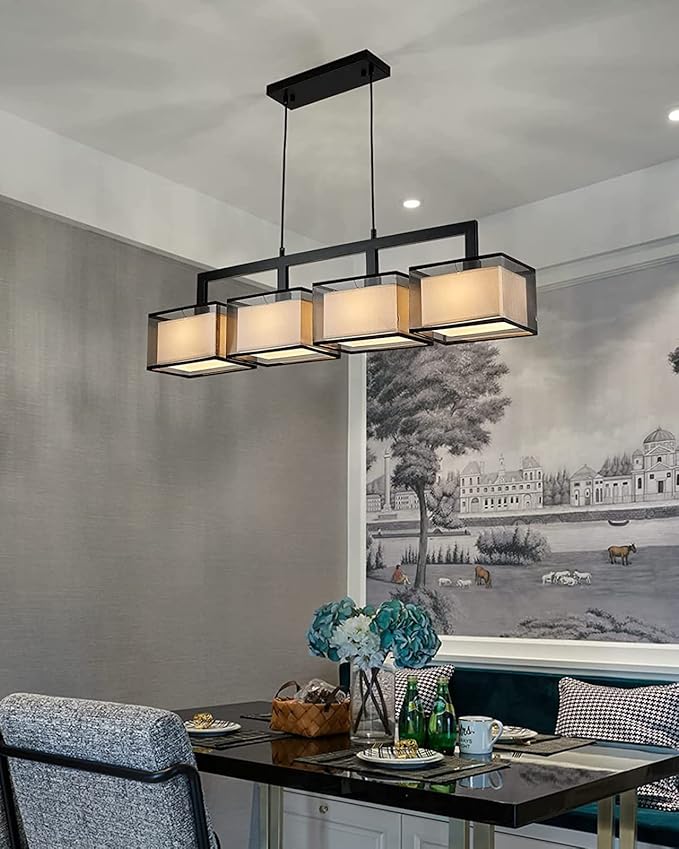 Linear Chandelier for Dining Room, Modern 4 Light Kitchen Island Lighting with Fabric Lampshade, Rectangular Chandeliers for Living Room Restaurant, Black, L44IN x W7IN x H12IN