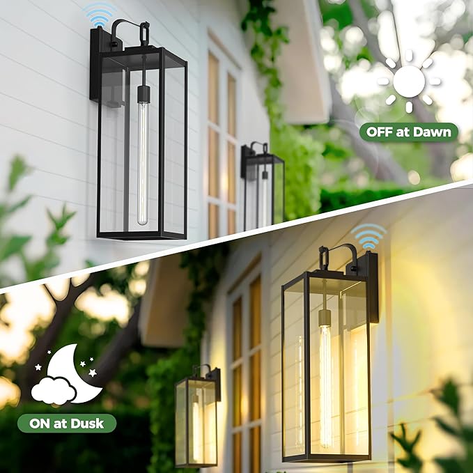 DORESshop 22 Inch Large Size Dusk to Dawn Outdoor Wall Lights, Matte Black Waterproof Anti-Rust Outdoor Light Fixtures Wall Mount with Clear Glass Shade for Porch, with T30 Light Bulbs, 2 Pack