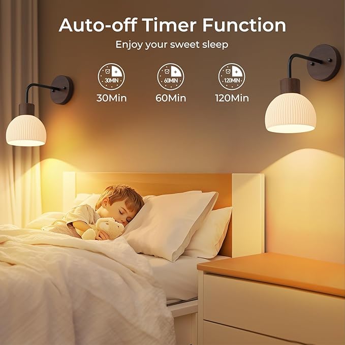 Glass Battery Operated Wall Sconces Set of 2, Rechargeable Wall Lamp with Remote, 12 Colors Dimmable Wireless Sconces Wall Decor Set of 2 with Timer for Bedroom Living Room (Walnut, 2 Pack)