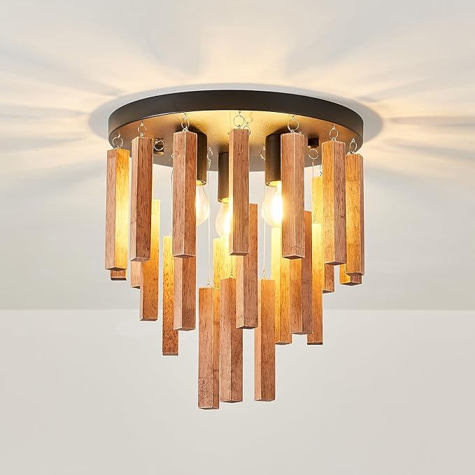 3-Light Semi Flush Mount Ceiling Lights Boho Wood Light Fixture Farmhouse Chandelier Oak and Black Ceiling Lighting with E26 for Kitchen Living Room Entryway Bedroom Dining Room