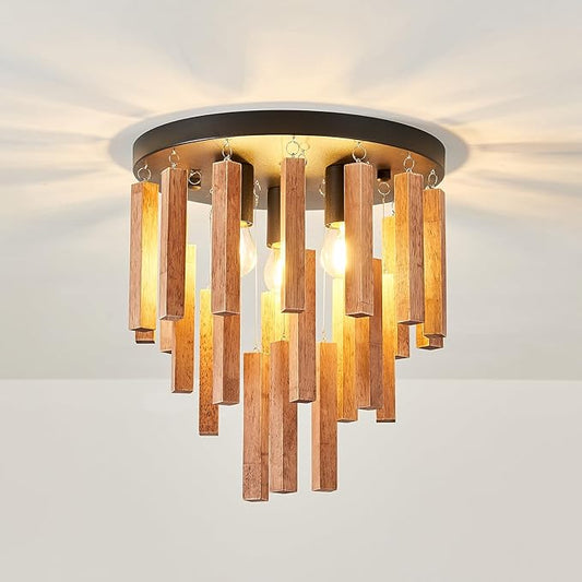 3-Light Semi Flush Mount Ceiling Lights Boho Wood Light Fixture Farmhouse Chandelier Oak and Black Ceiling Lighting with E26 for Kitchen Living Room Entryway Bedroom Dining Room