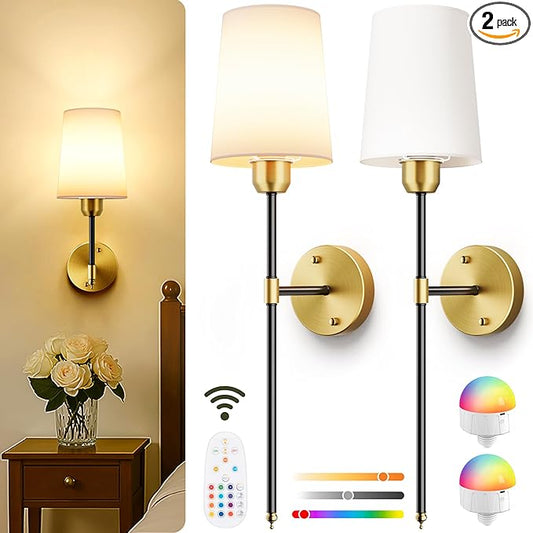 Battery Operated Wall Sconces Set of 2, Black Gold Cordless Wall Lights with Rechargeable Magnetic Bulbs and Remote, Dimmable & 15 RGB Colors Wall Lamps for Bedroom Living Room Hallway 23Inch