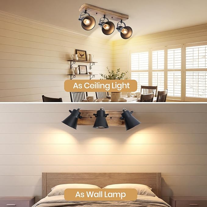 3-Light Track Lighting Kit, Wood Semi Flush Mount Ceiling Light with 3 Rotatable Heads – Modern Farmhouse Kitchen Lighting Fixtures Ceiling for Living Room, Bedroom, Hallway, Bathroom