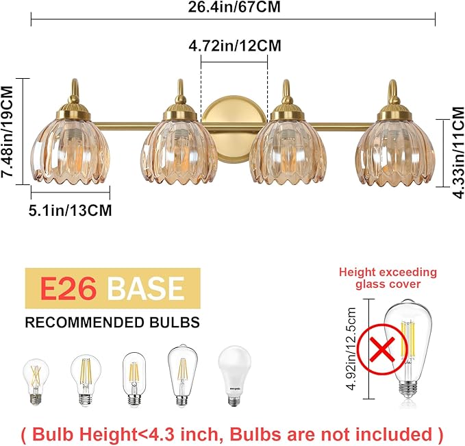 Vintage Bathroom Light Fixtures, Brass Vanity Lights with Amber Tulip Glass Shade, Vanity Sconces for Bathroom Bedroom Living Room Hallway, 4-Light