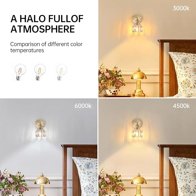 Shenmoyl Vintage Wall Sconces with Amber Tulip Glass Lampshade 180 Degree Adjustable Brass Sconces Hradwired Modern Wall Lighting Fixture with Switch for Bedside Bedroom Doorway