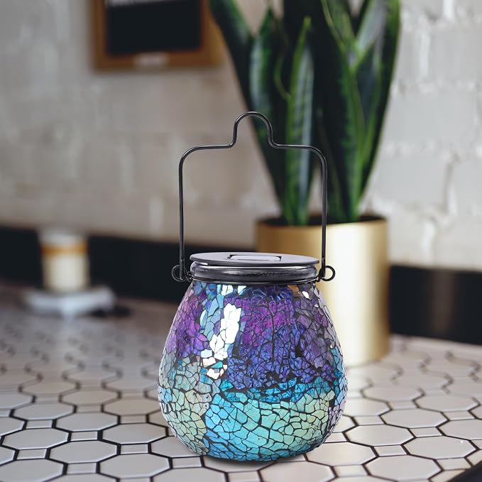 Bshine Mosaic Solar Lantern Outdoor Hanging Waterproof, Colourful Glass Purple Lantern Valentine's Day Indoor Decor Table, Garden Decor for Yard Outside, Lawn, Birthday Gift for Mom Women Gardening
