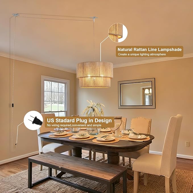Large Plug in Pendant Light, 18in Plug in Rattan Chandelier with On/Off Switch Rattan Woven Shade, Hanging Pendant Light for Dining Room Living Room Kitchen Foyer (Includ Bulb)
