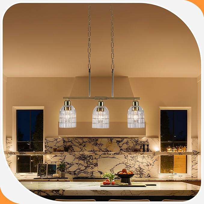 FRIXCHUR Gold Kitchen Island Lighting, 3-Lights Linear Chandelier Pendant Light with Clear Glass Shade, Height Adjustable Industrial Chandelier Pendant Light for Kitchen Island Dining Room