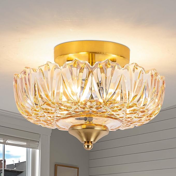 Semi Flush Mount Ceiling Light,Vintage Ceiling Light 9.44 Inch E26 Small Amber Glass Ceiling Lighting for Living Room Kitchen Bedroom Hallway 3 Light(Bulb Not Included)