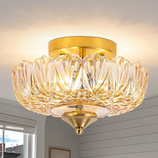 Semi Flush Mount Ceiling Light,Vintage Ceiling Light 9.44 Inch E26 Small Amber Glass Ceiling Lighting for Living Room Kitchen Bedroom Hallway 3 Light(Bulb Not Included)