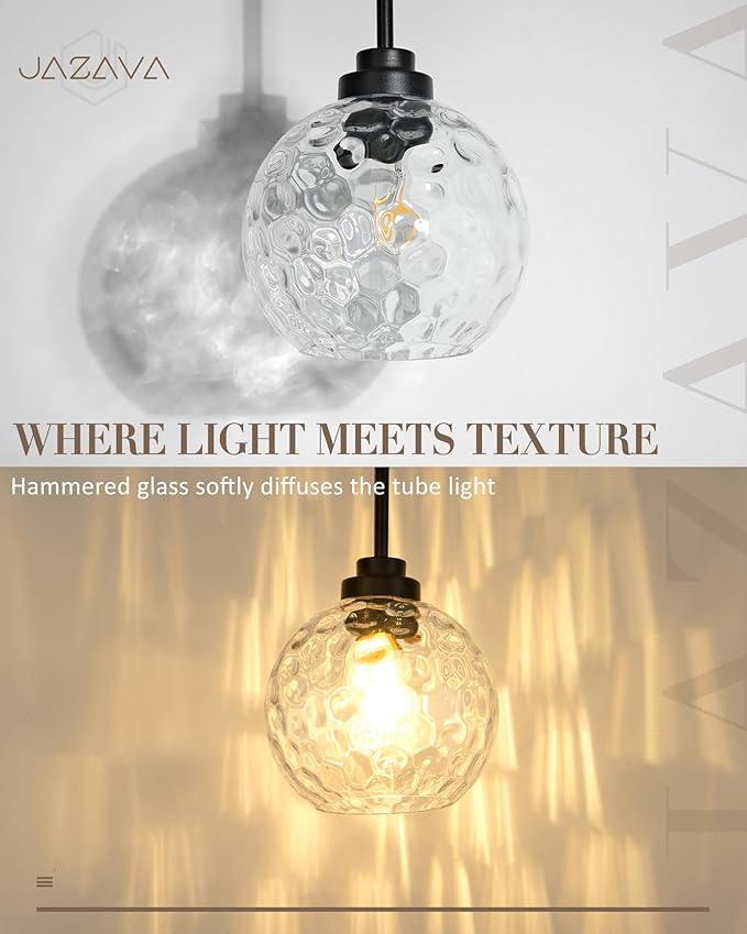 8 Inch Modern Farmhouse Pendant for Kitchen Island, Adjustable Height Hanging Fixture with Hammered Glass, Matte Black, Dining Room Entryway - PL101HBK-L