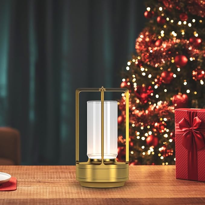 Portable Metal Table Lamp for Indoor/Outdoor ,Rechargeable Cordless LED Lamp, 3-Colour Infinitely Dimming Battery Powered Small Desk Lamp, Restaurant/Bedroom/Bar/Coffee Shop/Camping Light (Gold)
