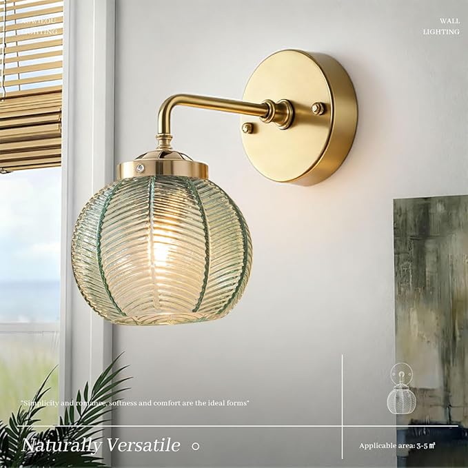 Gold wall Sconce Vintage Wall Sconces Light Wall lamp with Ribbed Green Glass Shade mid Century Modern Bathroom Vanity Light Art Deco Vanity Lights Over Mirror Bedroom Hallway Living Room