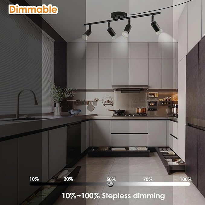 Dimmable 4 Light Black Plug in Track Light White Plug in Ceiling Lighting Fixture with 16.4' Long Cord,4 Way Ceiling Spotlight,Rotatable Wall Mount Light Head,LED dimmable Spot Bulbs Included