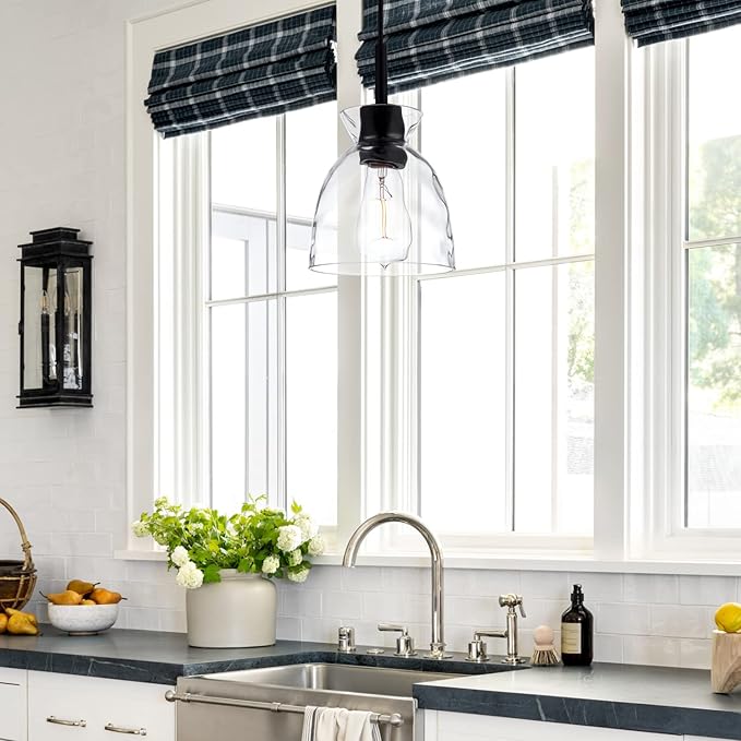 Pendant Light Over Sink with Industrial Hammered Glass Farmhouse Hanging Ceiling Light Adjustable Cord for Kitchen Island Dining Table