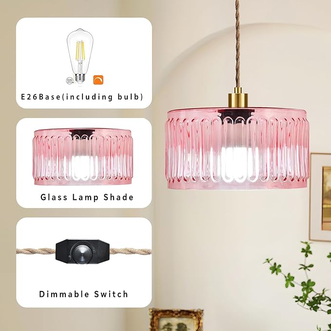 QIYIZM Pink Plug in Pendant Light Glass Hanging Lights with Plug in Cord Boho Hanging Lamp Gold Mid Century Modern Vintage Dimmable Flower Plug in Chandelier Ceiling Fixture for Living Room,Bedroom