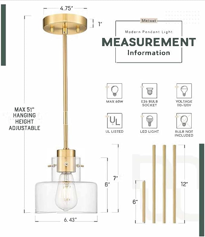 2 Pack Pendant Lights Kitchen Island, Brushed Gold Pendant Light Fixtures Over Island with Clear Glass Shade, 6" Modern Brass Kitchen Island Lighting for Dining Room Entryway, PL124-BG-G-2PK
