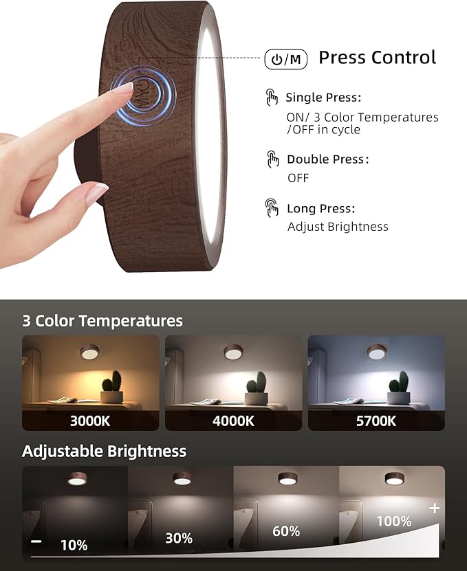 EZVALO LED Wall Mounted Light, 3000mAh Rechargeable Cordless Wall Sconce, Dimmable with Remote & Touch Control, 3 Color Temps, 360° Rotatable for Bedroom, Bedside, Reading(Walnut)