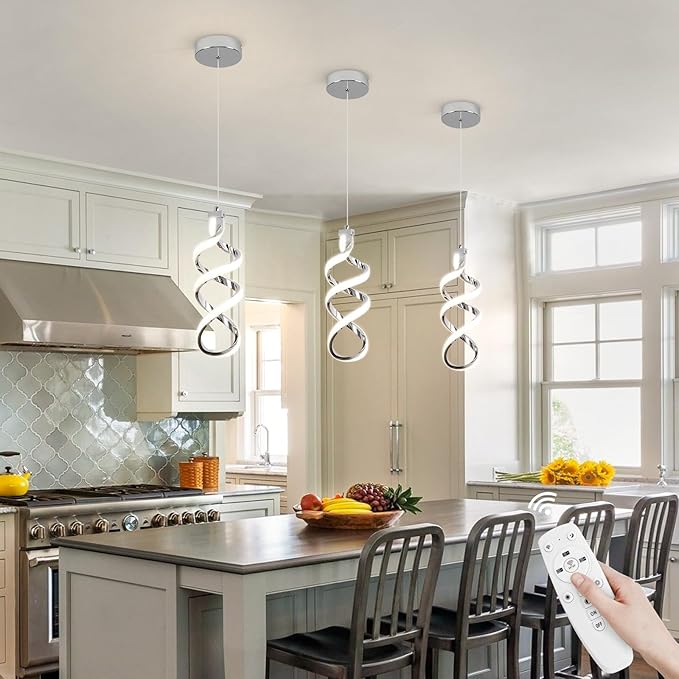 Modern Led Pendant Light Fixture, 15W Chrome Spiral Led Chandelier Hanging Lamp, 3000K-6000K, Dimmable Pendant Lamp, Adjustable Height Pendant Light for Kitchen Island Dining Room Bedroom Cafe