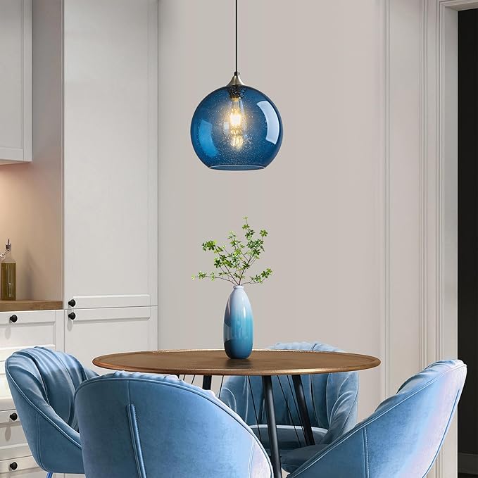 Mikeru Glass Globe Pendant Light Single, 9.85 Inch Clear Bubble Glass Hanging Lamp, Mid Century Modern Pendant Lighting for Kitchen Island Dining Room Bedroom (Bulb Not Included)