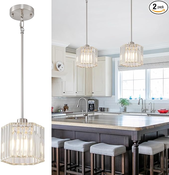 XSDeTu Brushed Nickel Pendant Light Fixtures, Modern Crystal Hanging Ceiling Light, 1-Light Mini Farmhouse Chandelier, Adjustable Hexagonal Island Lights for Kitchen, Dining Room, Bedroom, 2 Pcs