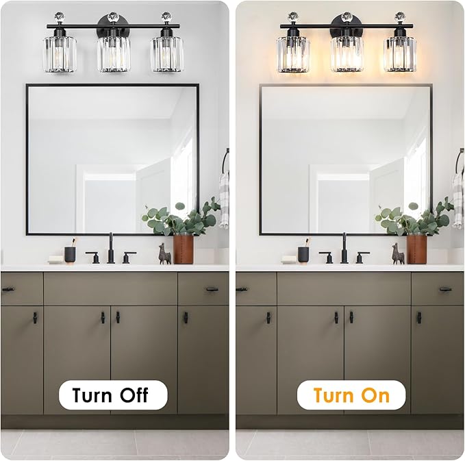 Modern 3 Light Crystal Vanity Light,Black Vertical Bathroom Light Fixture Over Mirror for Dressing Table Sink,Crystal Bathroom Light Fixtures,Compatible with Dimmable Bulbs (Bulbs Not Include)