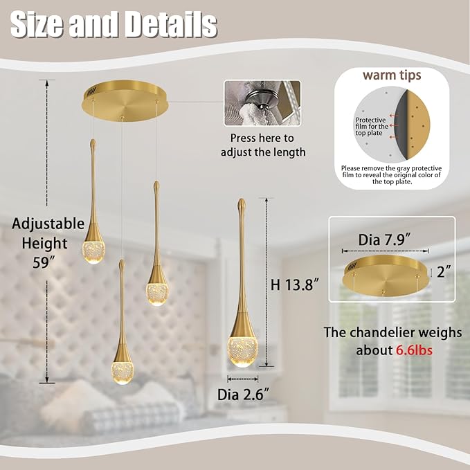 ykolupty 3-Light Gold Chandelier with Dimmable Ceiling Light Crystal Pendant Light for Kitchen Island, Dining Room, Living Room, Entry Hallway
