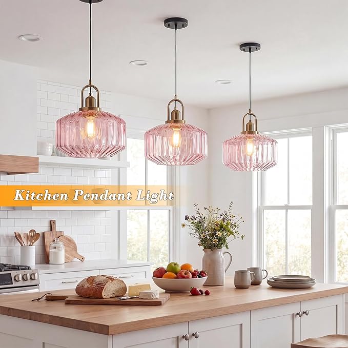11.8in Mid Century Modern Pink Glass Pendant Light Fixture, Large Gold Kitchen Island Pendants Light Glass Ceiling Hanging Lamp for Foyer Dining Room Bedroom Entryway Hallway Over Sink