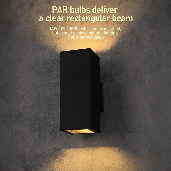 LEONLITE Modern Outdoor Rectangular Wall Lights 12", Up and Down Porch Patio Lights, Matte Black Waterproof Wall Sconce, Aluminum, E26 Base, Exterior Light Fixture Wall Mount, ETL, Pack of 2