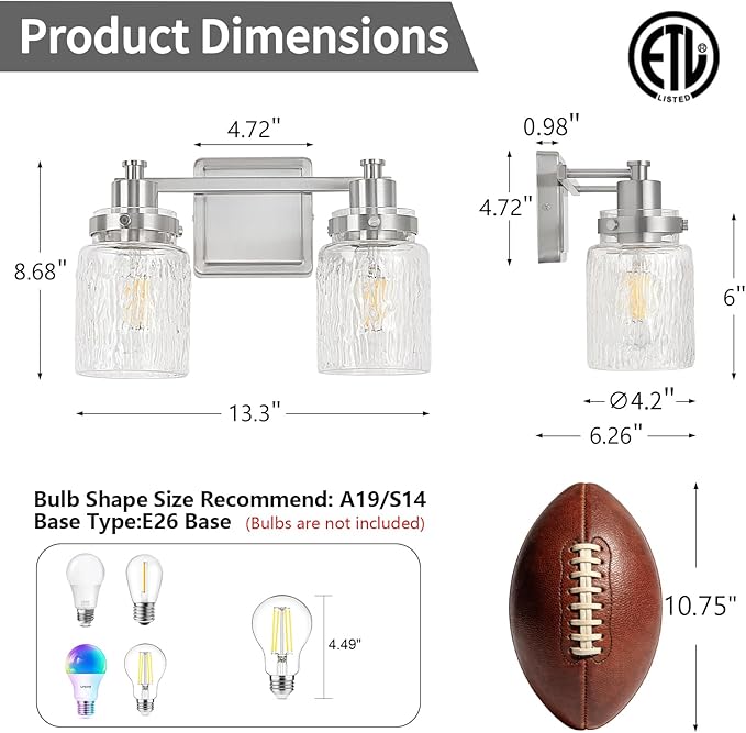 2 Lights Bathroom Light Fixtures Farmhouse Brushed Nickel Vanity Lights for Bathroom Lighting Fixtures Over Mirror with Hammered Glass Lampshade for Cabinet Mirror Bedroom Hallway