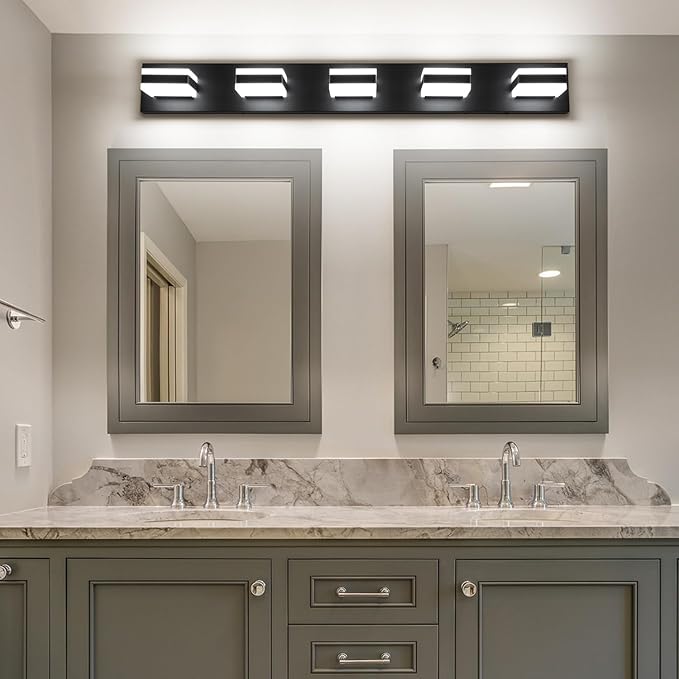 SOLFART Bathroom Lighting Fixtures, Bathroom Vanity Lights Over Mirror, Matt Black 5 Lights, Light Fixtures for Vanity Cool Light 6000K