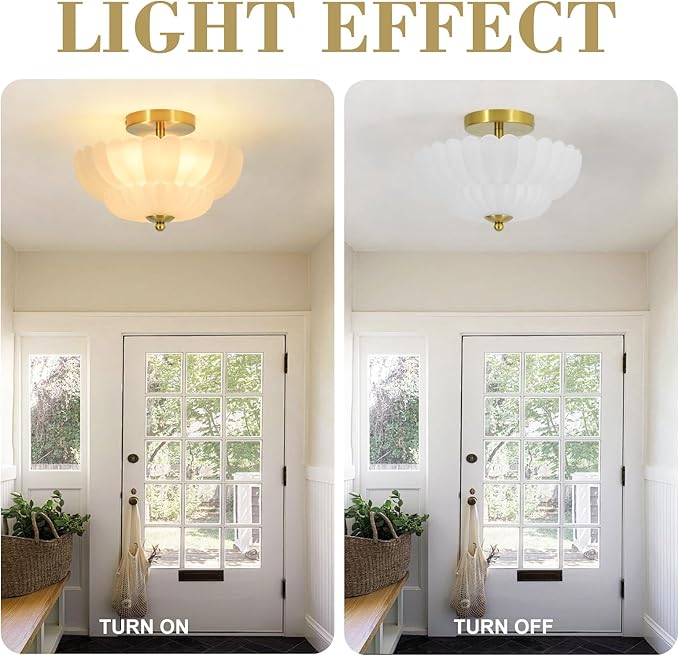 11.8 inch Kitchen Ceiling Light, 3-Light Semi Flush Mount Ceiling Lamp with Flower Glass, Modern Close to Ceiling Light Fixtures for Bathroom Bedroom Hallway Entryway, Milk White