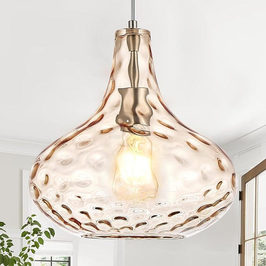 CATINER 11" Amber Hammered Glass Pendant Light, Blown Glass Hanging Light Fixture with Brushed Nickel Finish, Vintage Modern Ceiling Light for Kitchen Island, Dining Room, Hallway, Living Room