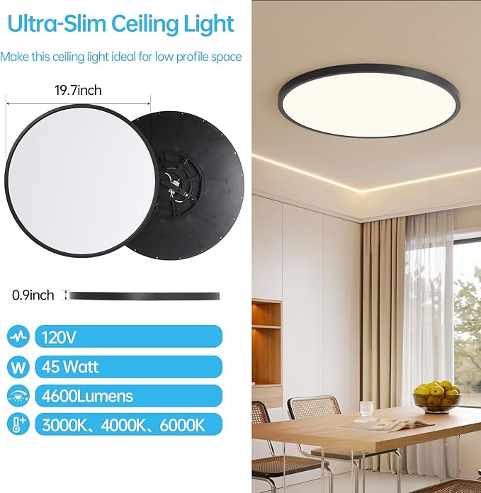 20 Inch Large LED Flush Mount Ceiling Light Fixture,45W,4600LM,3000K/4000K/6000K CCT Selectable,0.9 inch Super Slim Round Ceiling Light for Bedroom,Hallway,Kitchen (Dimmable Black 1PK)
